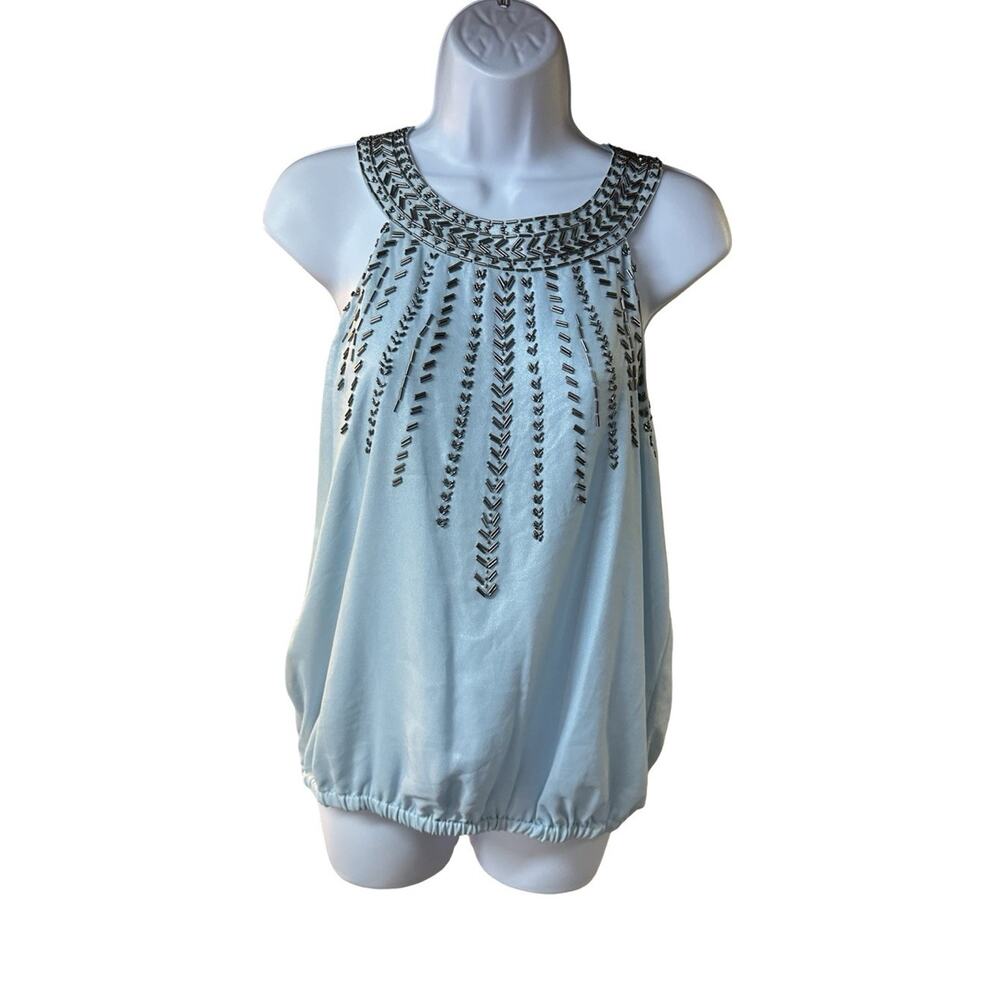 Cache Blue Beaded Tank Top Sleeveless Bubble Hem Blouse Dressy Y2K Large